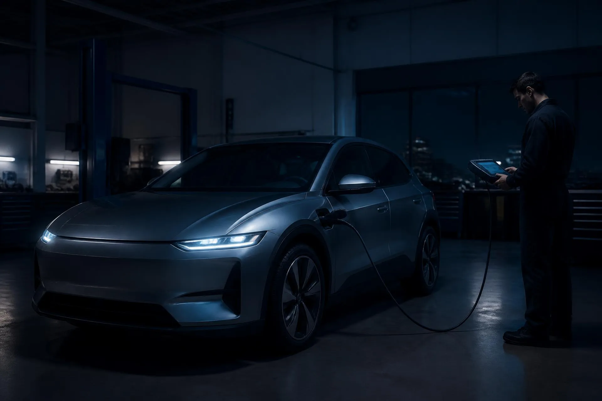 Técnico conectando o equipamento de diagnóstico a um carro elétrico